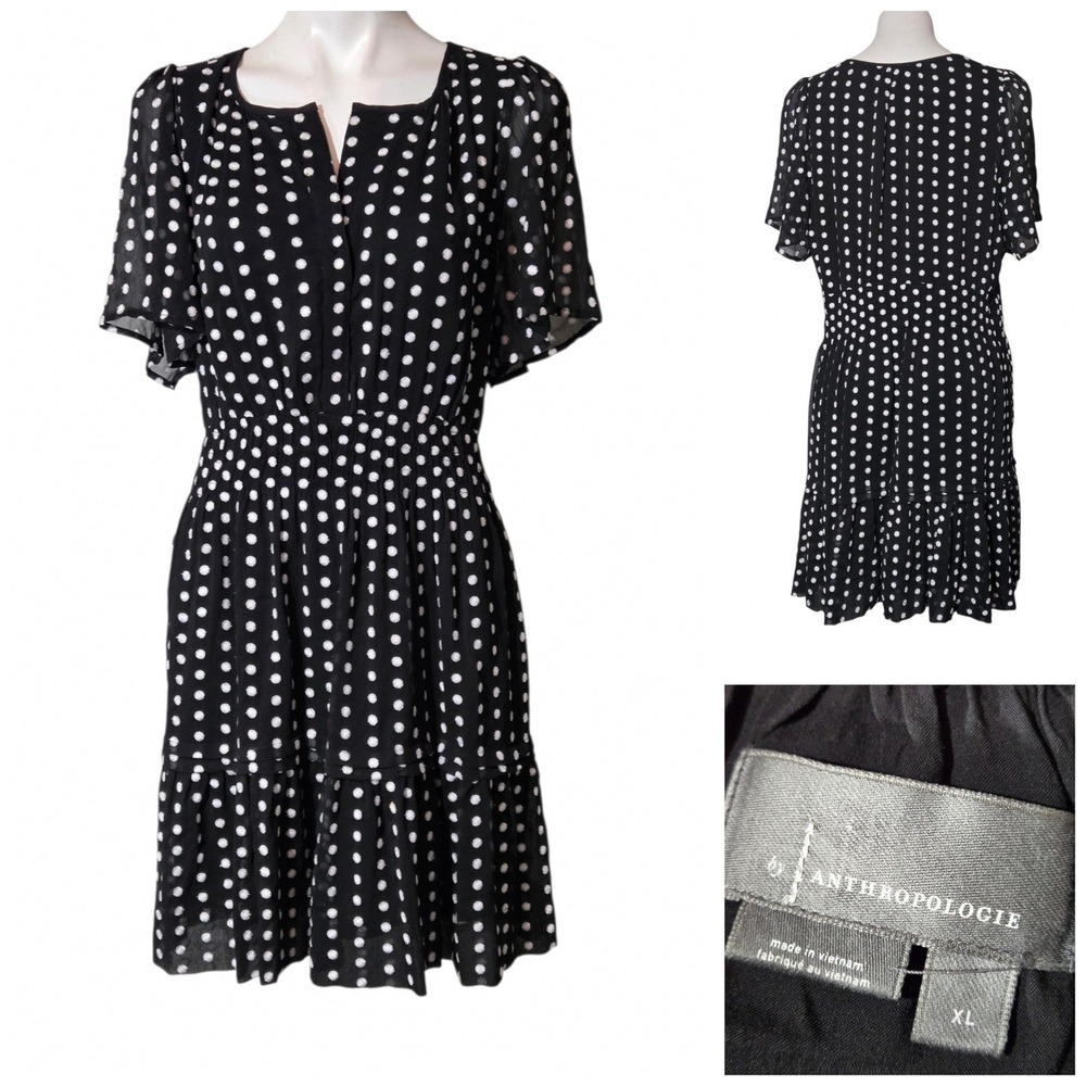 By Anthropologie dress Black White Polka Dot Smocked Flutter Sleeve Mini XL
